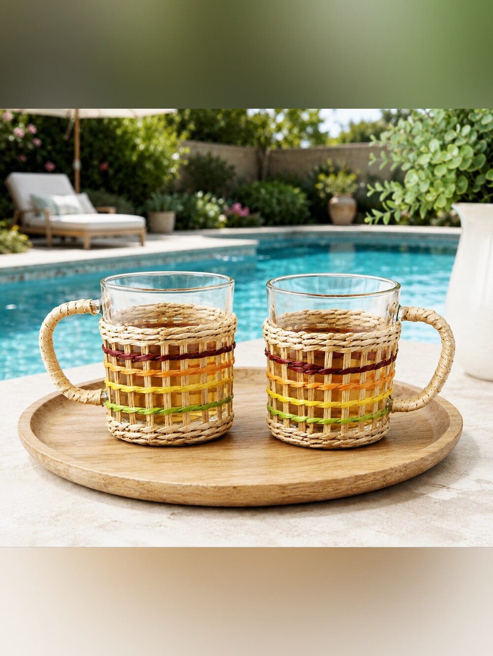 Market Square Handwoven Wicker Glass Mugs Colorful Stripe Accents  Set of 2 New